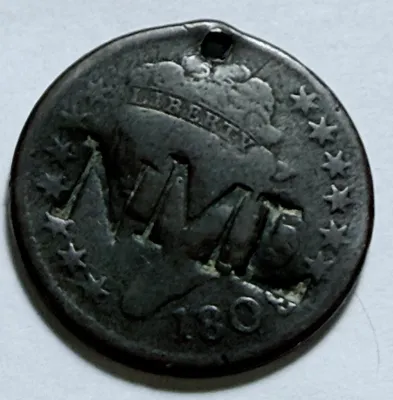 Sale Photo Thumbnail #7: 1809 COUNTERSTAMPED "NML" EARLY US HALF CENT HOLED AS PICTURED. $5 DOMESTIC SHIPPING.