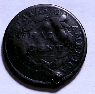 Sale Photo Thumbnail #8: 1809 COUNTERSTAMPED "NML" EARLY US HALF CENT HOLED AS PICTURED. $5 DOMESTIC SHIPPING.
