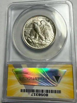 Sale Photo Thumbnail #624: ANACS CERTIFIED 1942-P MS64 WALKING LIBERTY SILVER HALF DOLLAR. $5 DOMESTIC SHIPPING.