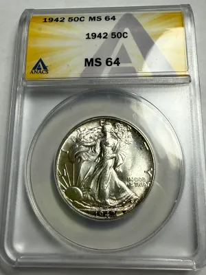 Sale Photo Thumbnail #623: ANACS CERTIFIED 1942-P MS64 WALKING LIBERTY SILVER HALF DOLLAR. $5 DOMESTIC SHIPPING.