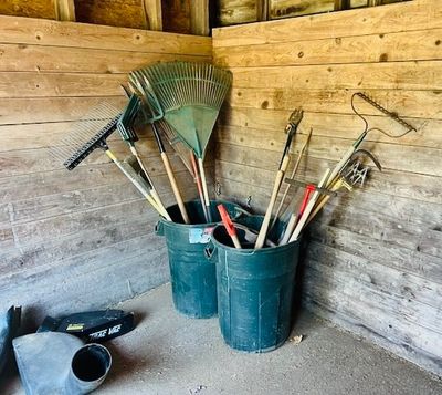 Sale Photo Thumbnail #72: Assorted Garden Rakes, Hoes, etc.