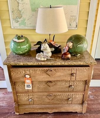 Sale Photo Thumbnail #5: Victorian Granite Top Three Drawer Chest and Comical Round Shaped Ceramic Frog and Tortoise, Ceramic Snail
