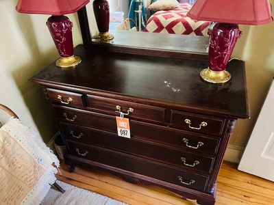 Sale Photo Thumbnail #50: Mahogany Double Dresser and Pair of Burgundy Ceramic Lamps