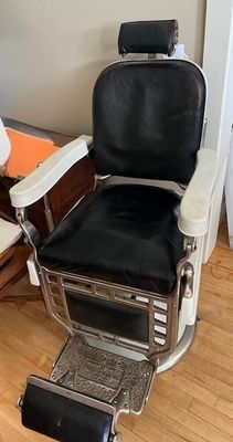 Sale Photo Thumbnail #3: Theo A Koch Chicago Victorian Era Barber Chair. Porcelain arms, leather seat and back. Chrome.