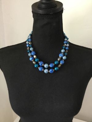 Vintage Japan, vibrant blue and square, crystal bead, double strand necklace