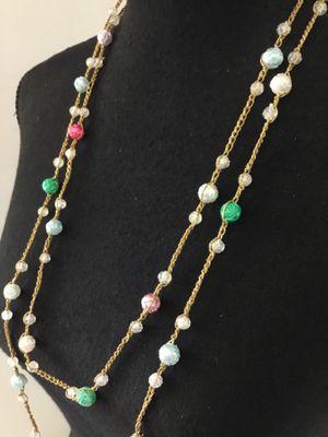 Vintage multicolored, rose, carved bead, braided gold, threaded chain, necklace, vintage