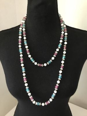 Long vintage, pastel bead and white milk, glass bead, necklace, flapper style necklace decorative clasp