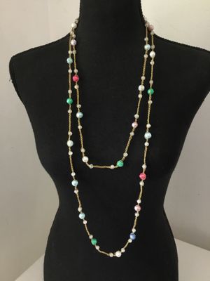 Vintage multicolored, rose, carved bead, braided gold, threaded chain, necklace, vintage