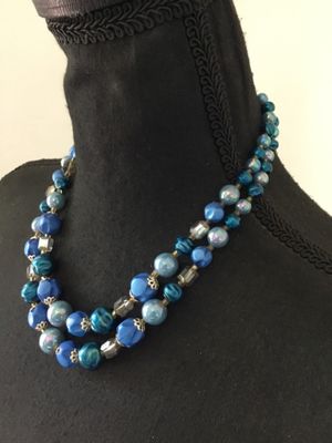 Vintage Japan, vibrant blue and square, crystal bead, double strand necklace