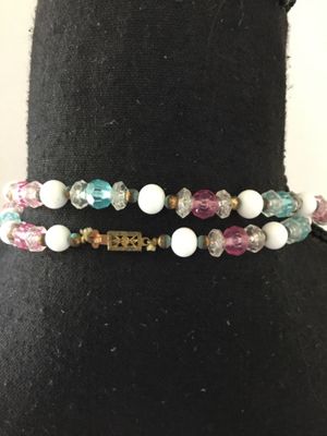 Long vintage, pastel bead and white milk, glass bead, necklace, flapper style necklace decorative clasp