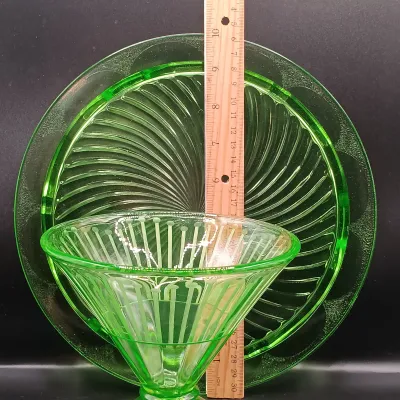 LOT 47: MCM Uranium Glass Footed Sherbert Glass and Footed Cake Plate