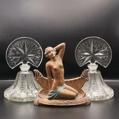 LOT 41: Vintage Jospeh Lorenzl-Style Art Deco Mirror Stand with Art Deco Glass Perfume Bottles