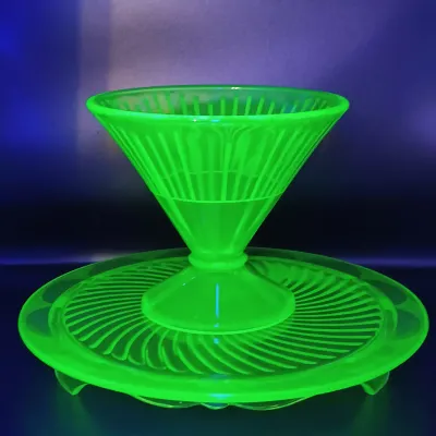 LOT 47: MCM Uranium Glass Footed Sherbert Glass and Footed Cake Plate