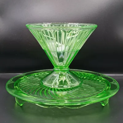 LOT 47: MCM Uranium Glass Footed Sherbert Glass and Footed Cake Plate