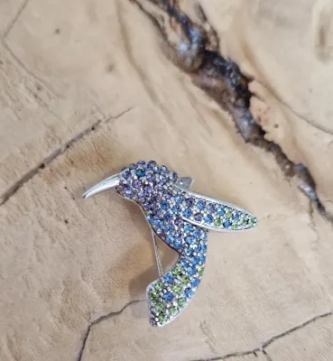 Vintage Monet Hummingbird Brooch Colorful Rhinestone Pin Silver Toned