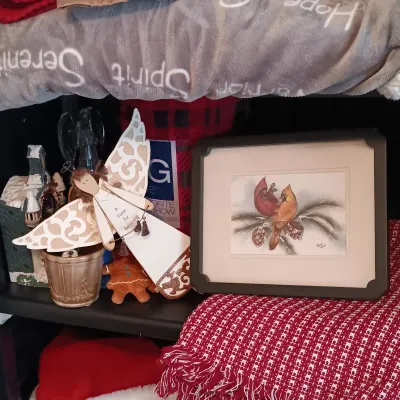 LOT 17: Large Collection of Winter / Christmas Decor - Throw Blankets, Decorative Mini Trees & Home Decor (cabinet NOT included)
