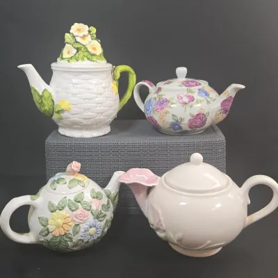 LOT 52: Ceramic Floral Teapot with Branch Handle and Spout, Vintage 1985 Teleflora Morning Glory Teapot, Lefton Rustic Daisy Basket-weave...