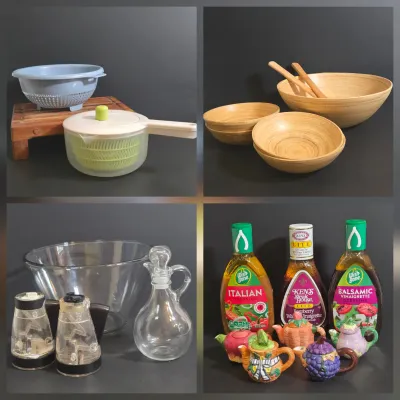 LOT 32: Progressive Salad Spinner, Footed Wooden Cutting Board, Bamboo Salad Bowl Set, Salt and Pepper Grinders, Miniature Fruit &...