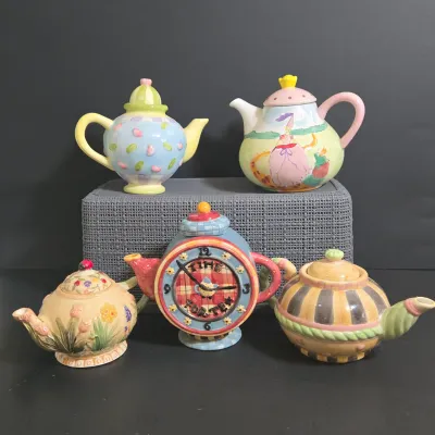 LOT 40: Oneida Kitchen Country Bouquet Hand Painted Mini Teapot, Fairytale Princess Teapot, MWW Market Spring Flowers & Ladybug...