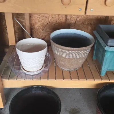 LOT 125: Solid Wooden Potting Table with Drawers and Wheels/48×24×37"/ and Multiple Pots
