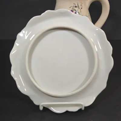 LOT 90: Vintage Amber-tinted Glass Serving Bowl, Hand-Painted and Signed Decorative Plate, 4 Ruffles Seville Ceramics Bone China Mugs,...