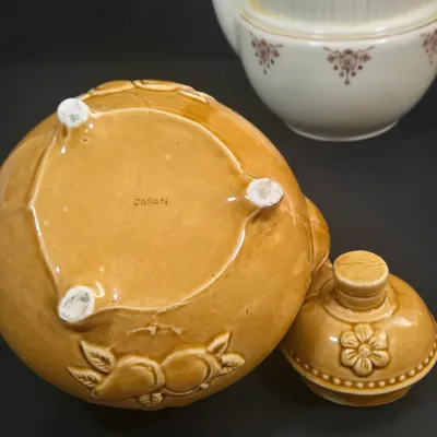 LOT 48: Art Deco Coffee/Tea Pot Exclusive Deluxe Sales New York, Vintage Footed Teapot with Fall Harvest Fruit Theme, and Miniature...