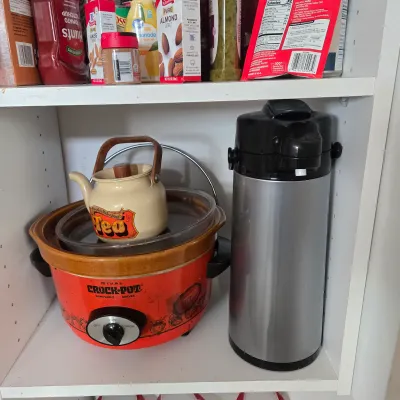 LOT 87: Kitchen Closet Lot/ Vintage Bright Orange Rival Crock-Pot 5 Qt Slow Cooker, Teapot, Cereal Keepers, Hamilton Beach Countertop...