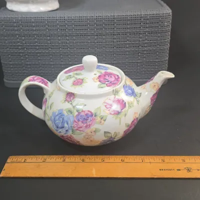 LOT 52: Ceramic Floral Teapot with Branch Handle and Spout, Vintage 1985 Teleflora Morning Glory Teapot, Lefton Rustic Daisy Basket-weave...