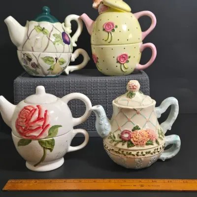 LOT 36: Collection of Four Ceramic Stackable "Tea for One" Teapots and Cups Sets