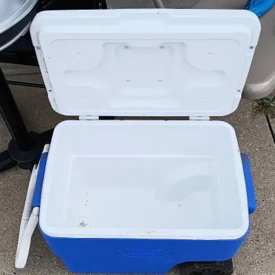 LOT 60: Coleman 40qt Wheeled Cooler, George Forman Electric Grill, Folding Chairs & Mini Chair Umbrella
