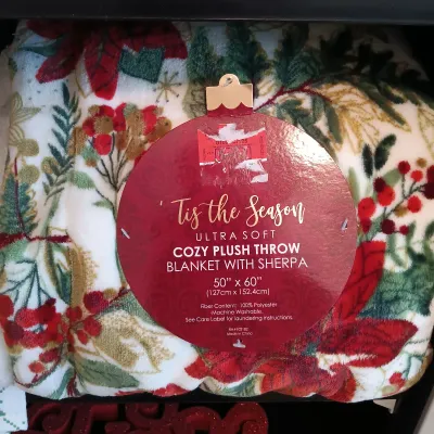 LOT 17: Large Collection of Winter / Christmas Decor - Throw Blankets, Decorative Mini Trees & Home Decor (cabinet NOT included)