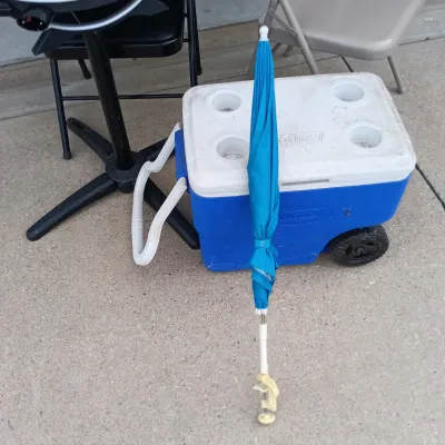 LOT 60: Coleman 40qt Wheeled Cooler, George Forman Electric Grill, Folding Chairs & Mini Chair Umbrella