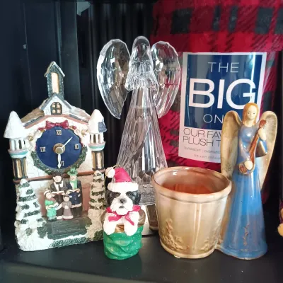 LOT 17: Large Collection of Winter / Christmas Decor - Throw Blankets, Decorative Mini Trees & Home Decor (cabinet NOT included)