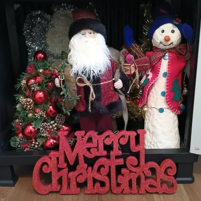 LOT 17: Large Collection of Winter / Christmas Decor - Throw Blankets, Decorative Mini Trees & Home Decor (cabinet NOT included)