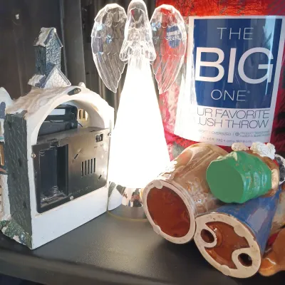 LOT 17: Large Collection of Winter / Christmas Decor - Throw Blankets, Decorative Mini Trees & Home Decor (cabinet NOT included)