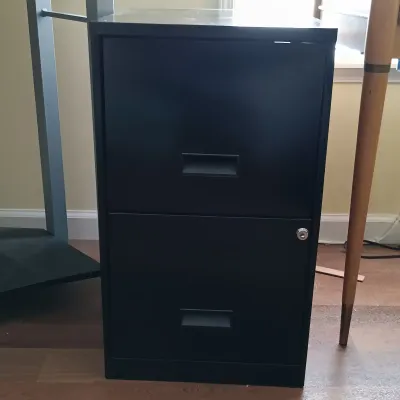 LOT 14: Office Collection - Corner Computer Desk, Filing Cabinet, Rolling Storage Cart with Office Supplies & Sentinel Paper Shredder
