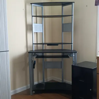 LOT 14: Office Collection - Corner Computer Desk, Filing Cabinet, Rolling Storage Cart with Office Supplies & Sentinel Paper Shredder