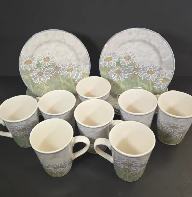 LOT 89: Sango Daisy Hill Coffee Mugs and Dessert Plates/ 8 Each