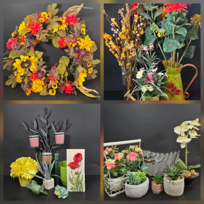 LOT 91: Faux Flower Decor, Vintage Clear and Frosted Leaf-shaped Decorative Bowl, Ceramic Frog Figurines, and More