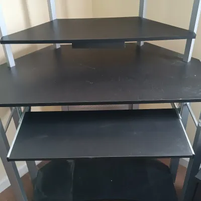 LOT 14: Office Collection - Corner Computer Desk, Filing Cabinet, Rolling Storage Cart with Office Supplies & Sentinel Paper Shredder