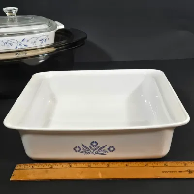 LOT 96: Vintage Corning Ware Blue Cornflower Covered Casserole Dishes & Square Baking Pan, Provincial Blue Square Casserole Dish, and...
