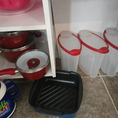 LOT 87: Kitchen Closet Lot/ Vintage Bright Orange Rival Crock-Pot 5 Qt Slow Cooker, Teapot, Cereal Keepers, Hamilton Beach Countertop...