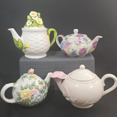 LOT 52: Ceramic Floral Teapot with Branch Handle and Spout, Vintage 1985 Teleflora Morning Glory Teapot, Lefton Rustic Daisy Basket-weave...