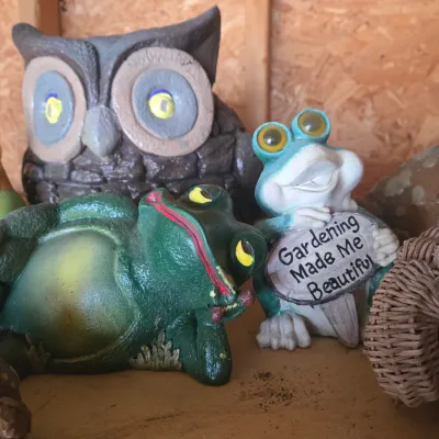LOT 127: Garage Finds/ Multiple Frog and 2 Owl Garden Statues