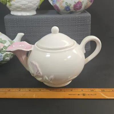 LOT 52: Ceramic Floral Teapot with Branch Handle and Spout, Vintage 1985 Teleflora Morning Glory Teapot, Lefton Rustic Daisy Basket-weave...