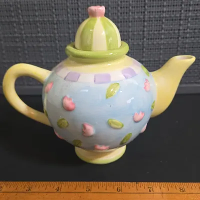 LOT 40: Oneida Kitchen Country Bouquet Hand Painted Mini Teapot, Fairytale Princess Teapot, MWW Market Spring Flowers & Ladybug...