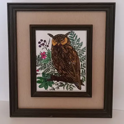 LOT 119: Vintage Solid Brass Owl Sculpture, Wood Owl Plaque & Framed Owl Print