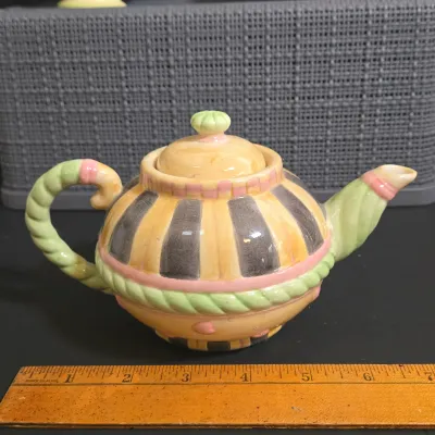 LOT 40: Oneida Kitchen Country Bouquet Hand Painted Mini Teapot, Fairytale Princess Teapot, MWW Market Spring Flowers & Ladybug...