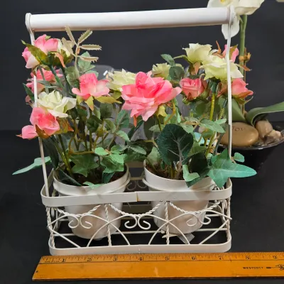 LOT 91: Faux Flower Decor, Vintage Clear and Frosted Leaf-shaped Decorative Bowl, Ceramic Frog Figurines, and More