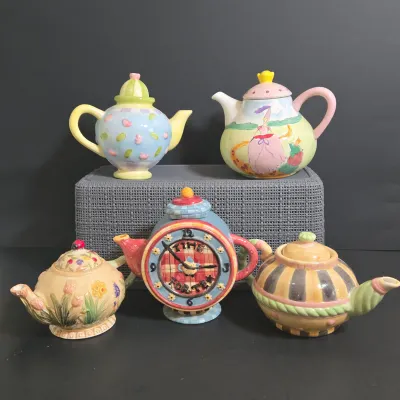 LOT 40: Oneida Kitchen Country Bouquet Hand Painted Mini Teapot, Fairytale Princess Teapot, MWW Market Spring Flowers & Ladybug...
